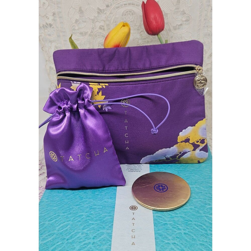 TATCHA GOLD LEAF MIRROR IN SATIN PURSE & MAKEUP BAG NEW